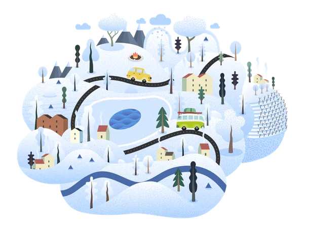 Paisagem Magica De Inverno Ilha Nevada Com Colinas Estradas Carros Casas E Arvores Cobertas De Neve Com Montanhas E Nuvens De Neve Acima Ilustração