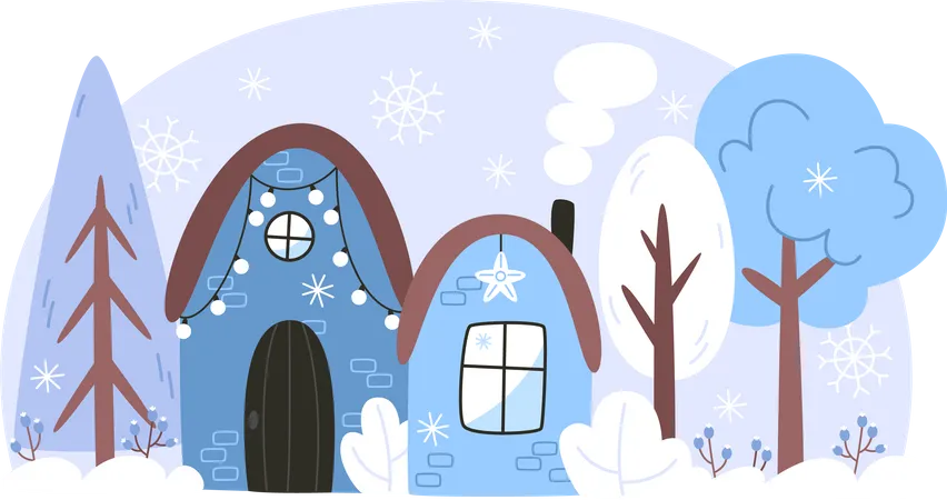 Paisagem de inverno com uma casa em uma floresta nevada  Ilustração