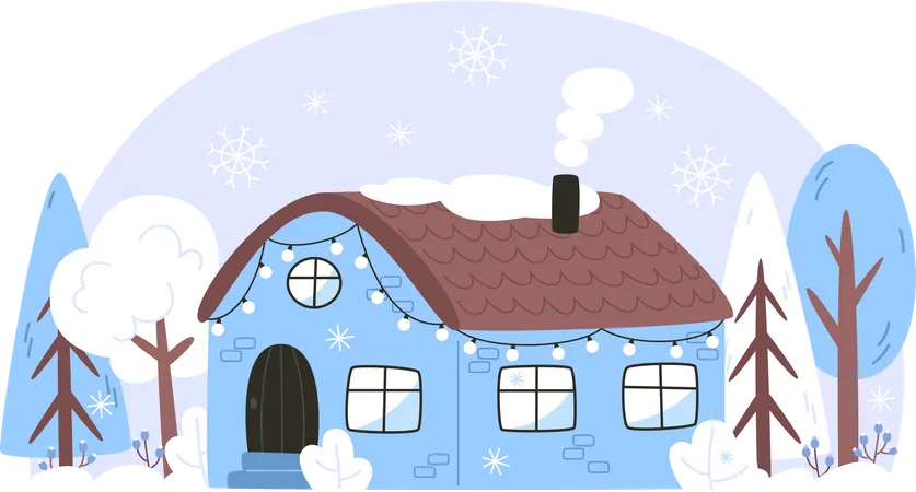 Paisagem de inverno com uma casa em uma floresta nevada  Ilustração