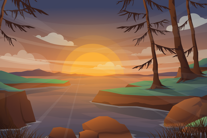 Lago e montanha com paisagem por do sol  Ilustração