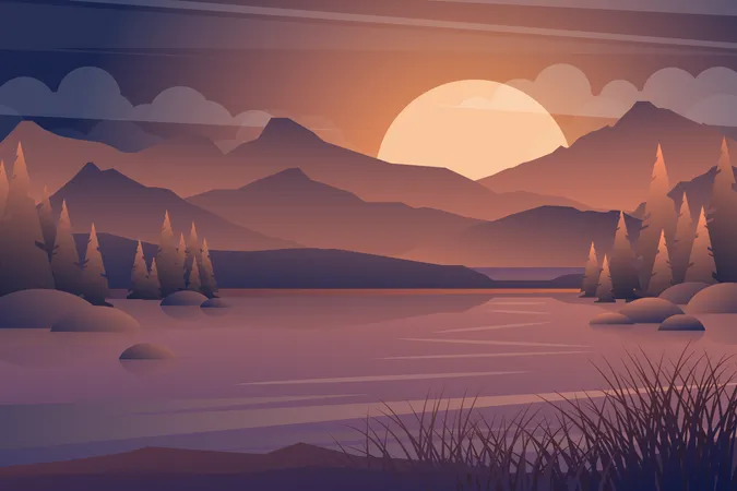Paisagem do pôr do sol da montanha e do lago  Ilustração