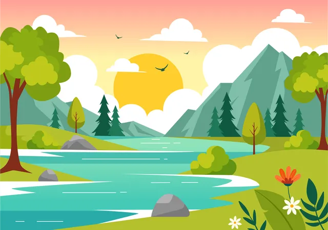 Paisagem de rio com árvore  Ilustração