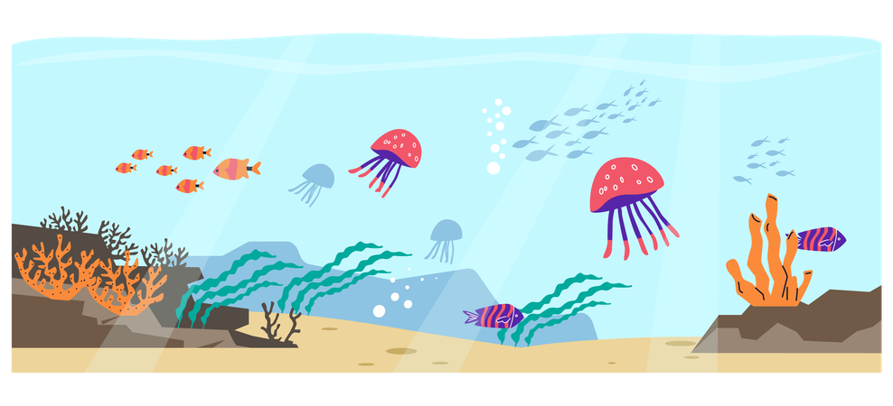 Paisagem subaquática com águas-vivas nadando  Ilustração