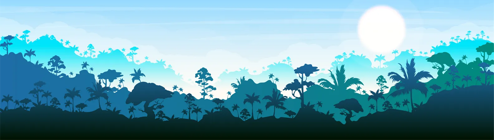 Ilustracion De Vector De Color Plano De Selva Paisaje De Bosque Azul Bosques Panoramicos Luminosos Naturaleza Escenica Tropical Entorno Idilico Paisaje De Dibujos Animados 2 D De Selva Tropical Con Capas En El Fondo Ilustración