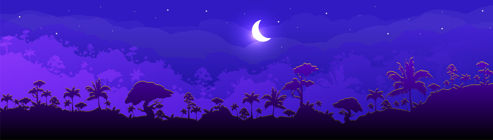 Paisaje de bosque nocturno en la selva  Ilustración