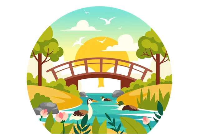 Paisaje de río con vista  Ilustración