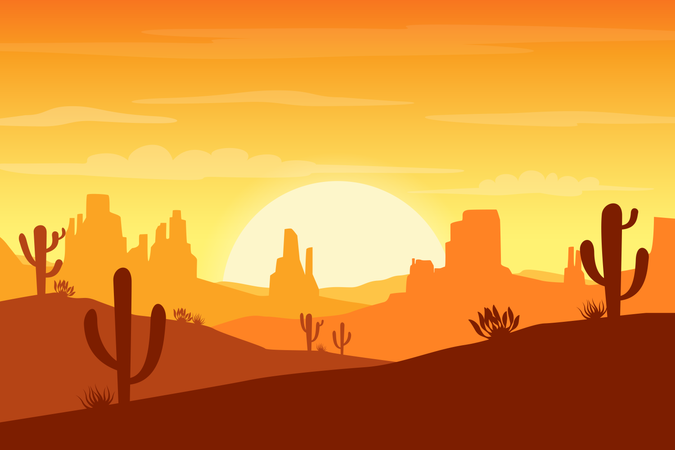 Paisaje desértico al atardecer con fondo de siluetas de cactus y colinas  Ilustración
