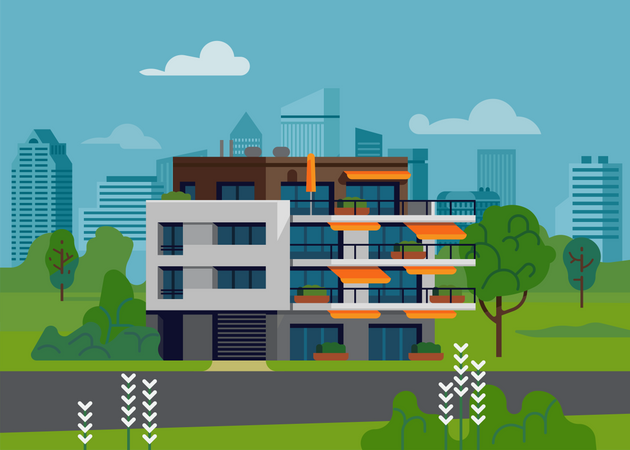 Paisaje de entorno urbano verde con edificio de apartamentos.  Ilustración