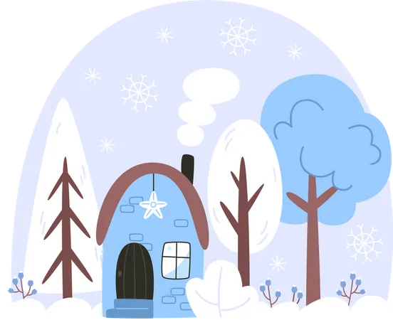 Paisaje invernal con una casa en un bosque nevado  Ilustración
