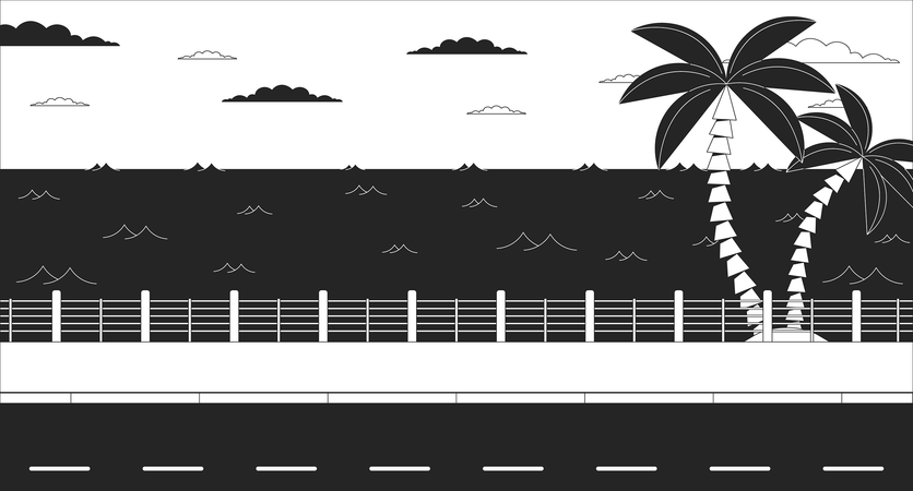 Paisaje marino al atardecer en la carretera con palmeras  Ilustración