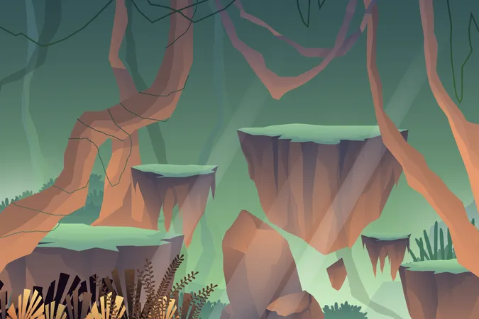 Naturaleza del paisaje Plataforma de piedra en cueva con atmósfera tranquila  Ilustración