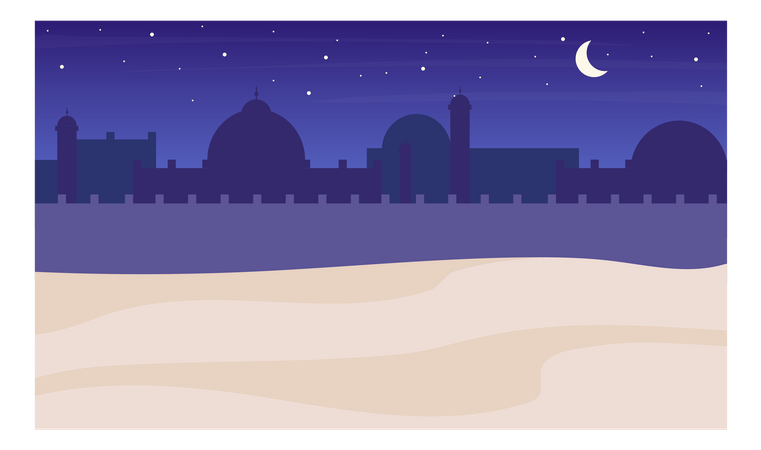 Paisaje nocturno de silueta de ciudad del desierto  Ilustración