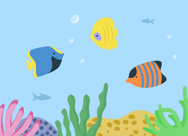 Paisaje marino submarino con especies de peces marinos o oceánicos  Ilustración