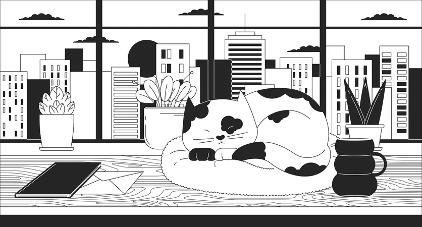 Escritorio acogedor al atardecer en el paisaje urbano con un gato durmiendo  Ilustración