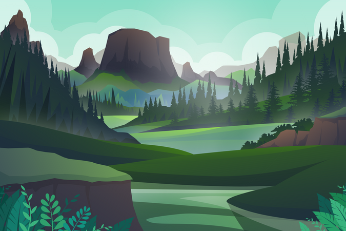 Colline paisible, arbres forestiers et rochers de montagnes, beau paysage  Illustration