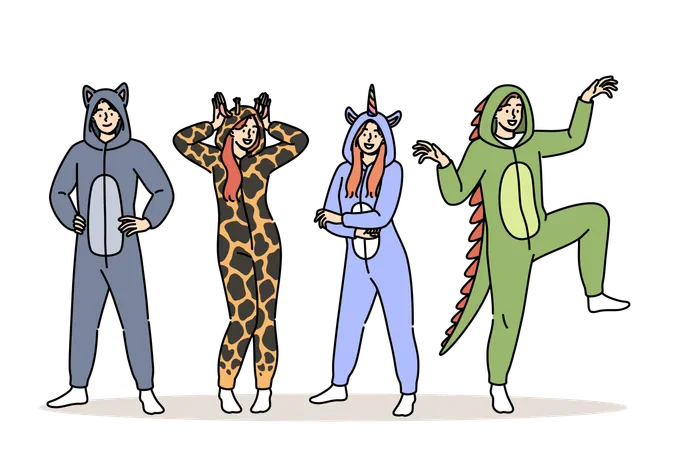 Pajama party for men and women in cute animal costumes for comfortable  Illustration