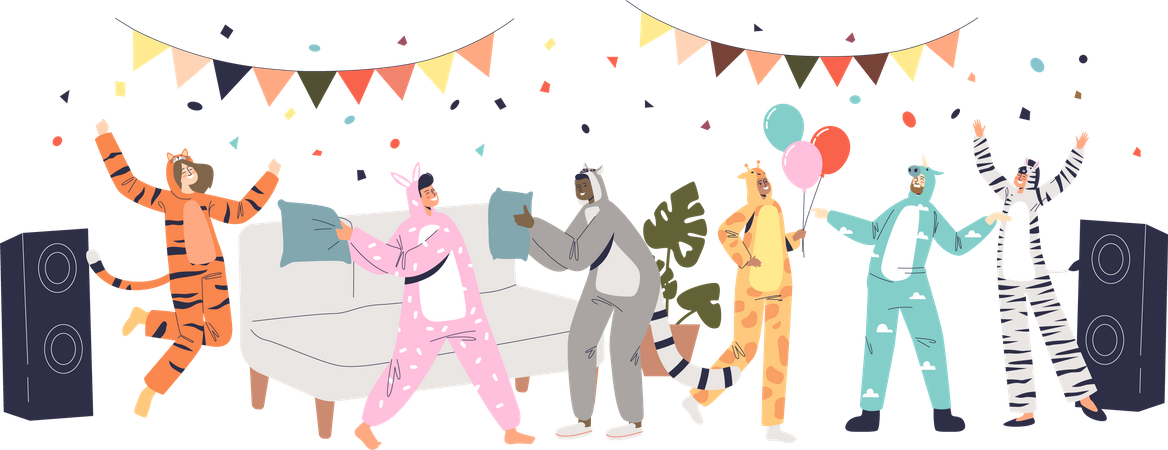 Pajama party with people dressed in kigurumi dance together Illustration