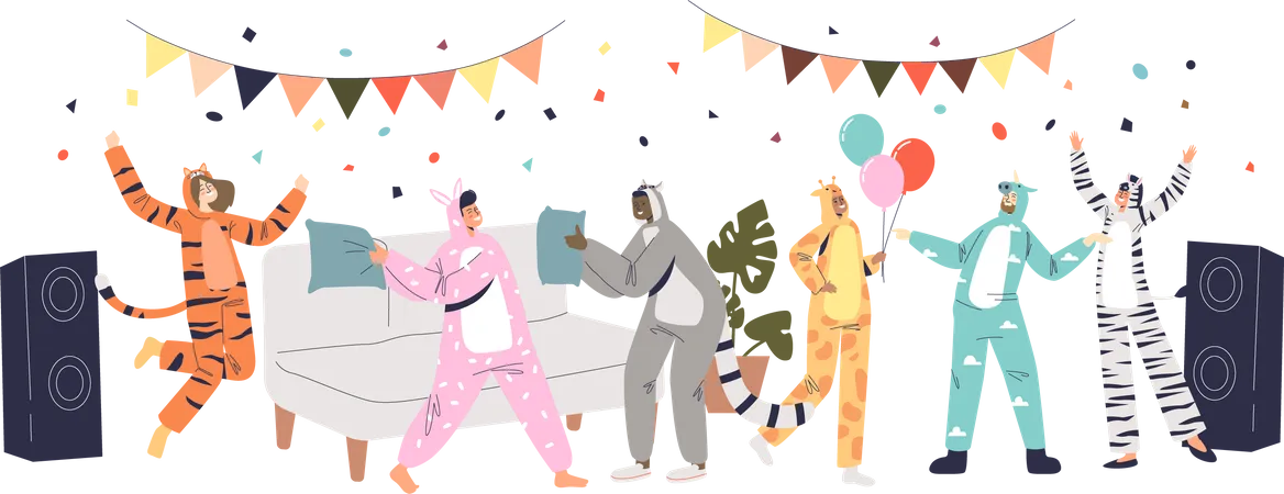 Pajama party with people dressed in kigurumi dance together  일러스트레이션