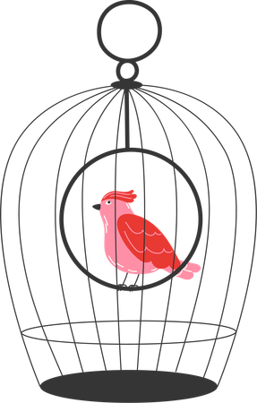 Pájaro cantor de cresta roja en una jaula de alambre minimalista  Ilustración