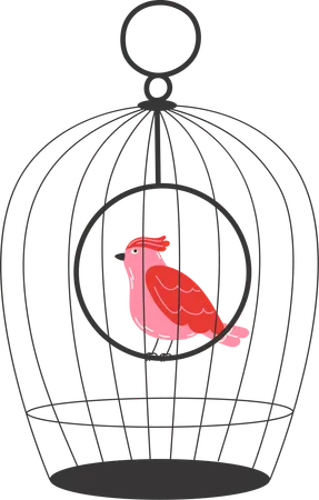 Pájaro cantor de cresta roja en una jaula de alambre minimalista  Ilustración