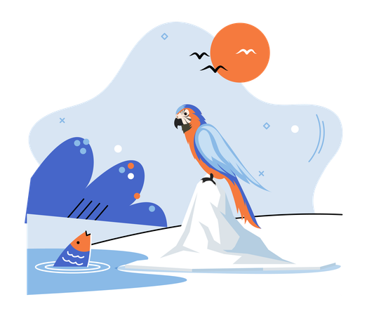 Pájaro posado sobre un iceberg  Ilustración