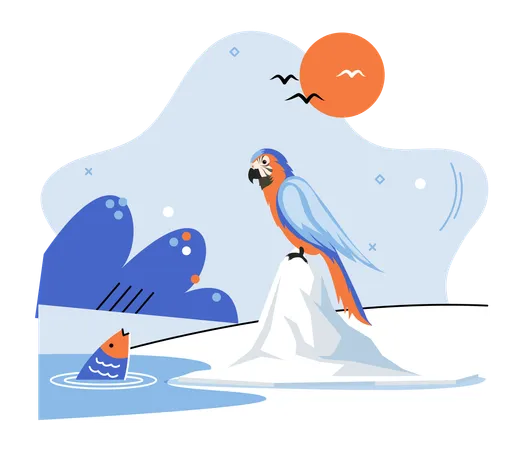 Pájaro posado sobre un iceberg  Ilustración