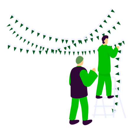 Pakistan Boy Standing on Ladder and Decorating Street with Pennants  Illustration