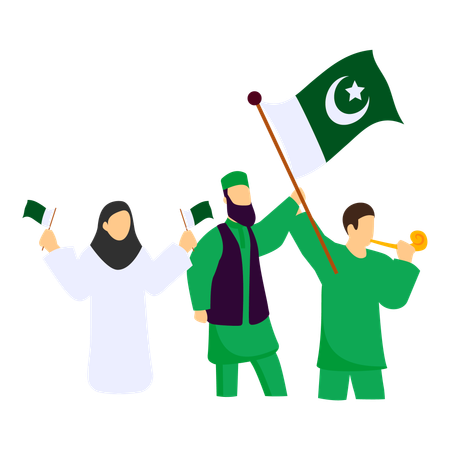 Pakistani people holding and waving green flags  Illustration