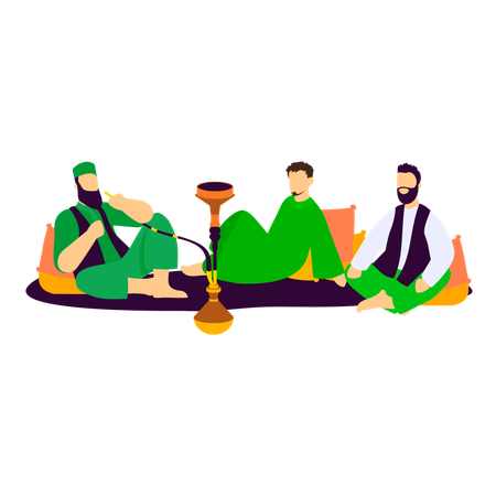 Pakistani People Sitting on Rug and Smoking huqqa  Illustration