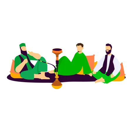 Pakistani People Sitting on Rug and Smoking huqqa  Illustration