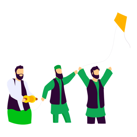 Pakistanis men celebrating and flying kite  Illustration