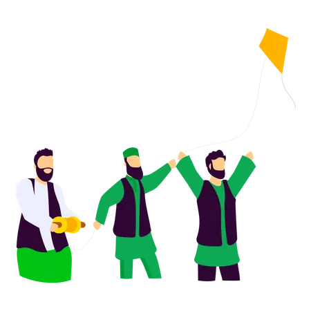 Pakistanis men celebrating and flying kite  Illustration