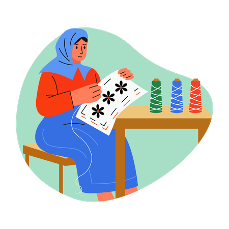 Palestinian woman doing embroidery  Illustration