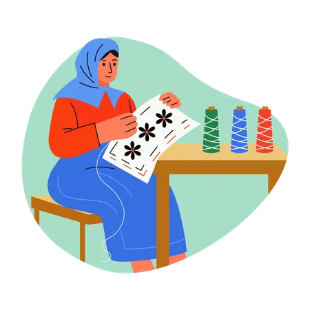 Palestinian woman doing embroidery  Illustration