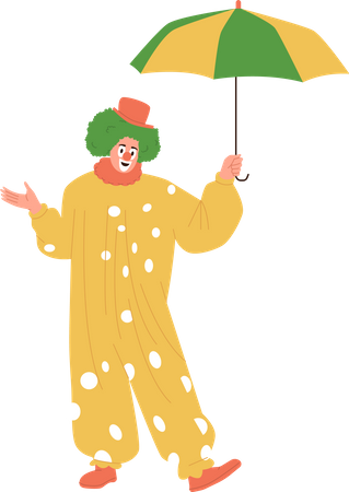 Palhaço engraçado em traje de palco fofo em pé sob o guarda-chuva  Ilustração