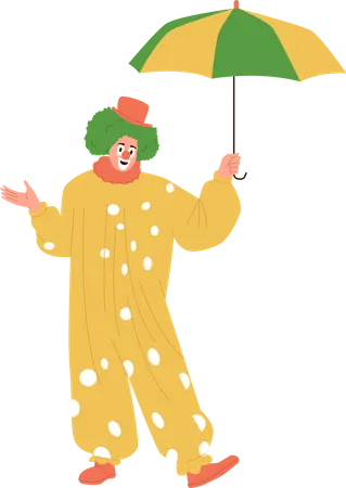 Palhaço engraçado em traje de palco fofo em pé sob o guarda-chuva  Ilustração