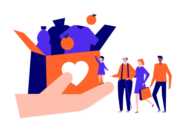 Palm estendendo ajuda humanitária a pessoas de diferentes idades e nacionalidades  Ilustração
