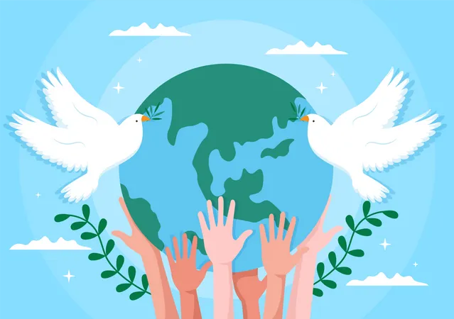 Ilustracion De Dibujos Animados Del Dia Internacional De La Paz Con Manos Paloma Globo Y Cielo Azul Para Crear Prosperidad En El Mundo En Un Diseno De Estilo Plano Ilustración