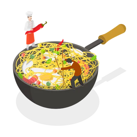 3 D Isometric Flat Vector Conceptual Illustration Of Asian Wok Pan With Noodles Illustration