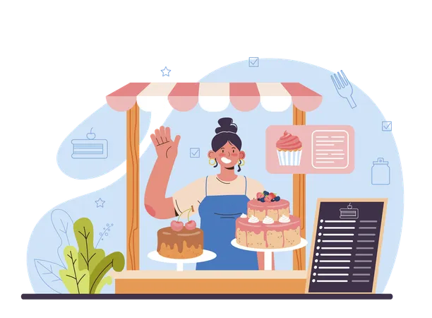 Panadero vendiendo pastel  Ilustración