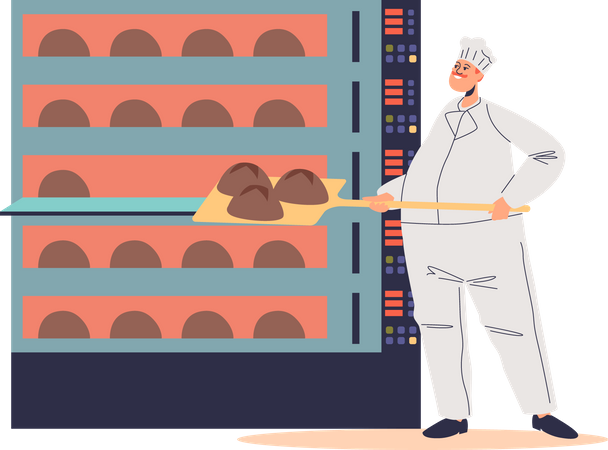 Panadero de sexo masculino poniendo pan crudo al horno industrial  Ilustración