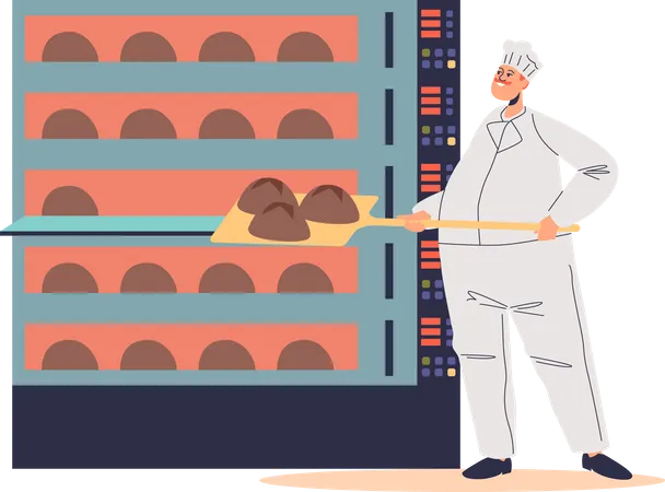 Panadero de sexo masculino poniendo pan crudo al horno industrial  Ilustración
