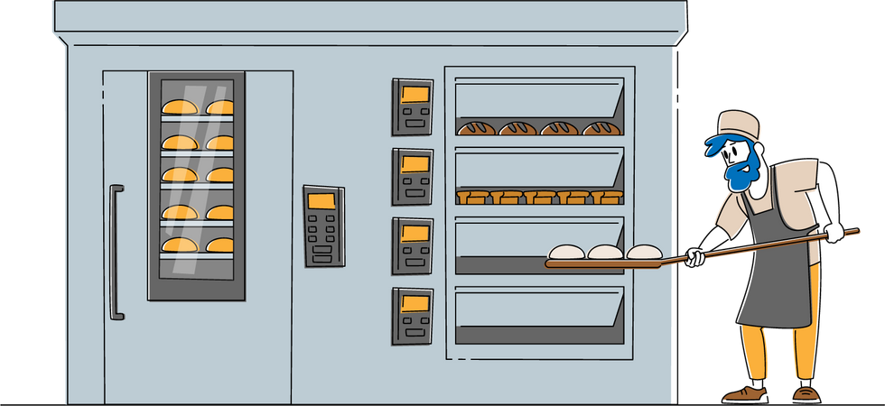Panadero masculino cocinando al horno en la fabricación moderna de confitería  Ilustración