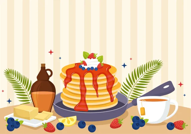 Pancake Day Vector Illustration A Plate Of Pancakes Topped With Syrup Cherries And Blueberries In Homemade Bakery Flat Cartoon Hand Drawn Templates Illustration