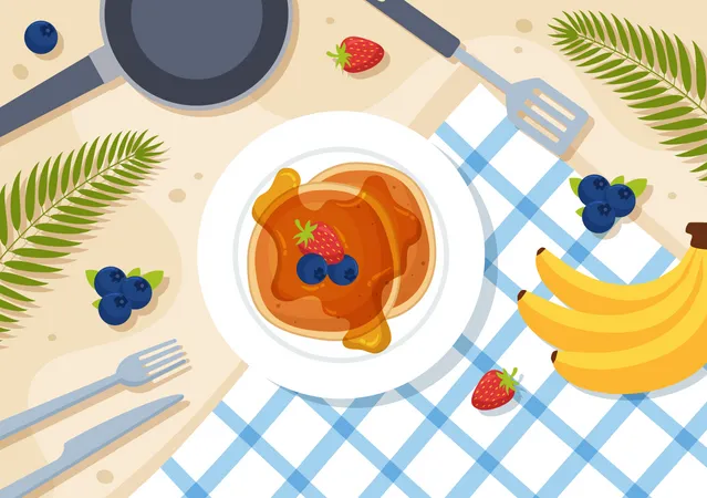 Pancake Day Vector Illustration A Plate Of Pancakes Topped With Syrup Cherries And Blueberries In Homemade Bakery Flat Cartoon Hand Drawn Templates Illustration