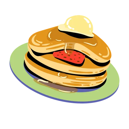Feast On Fluffy Pancakes Drizzled With Syrup And Topped With A Fresh Strawberry Making Every Bite A Perfect Blend Of Sweetness And Zest イラスト