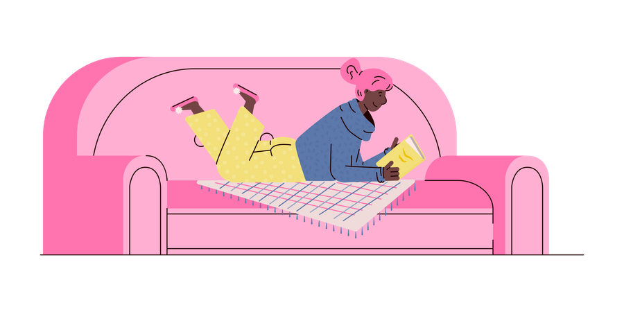 Banner de lectura agradable con una mujer de dibujos animados tumbada en un sofá rosa sosteniendo un libro  Ilustración