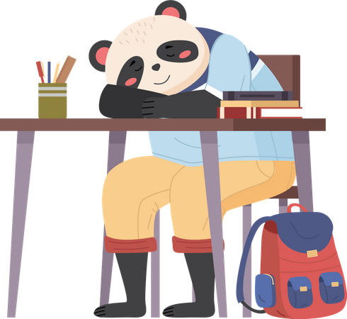 Colegial panda durmiendo en clase  Ilustración