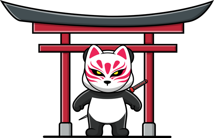 Panda Con Máscara Kitsune Y Katana En La Puerta Torii Ilustración  Ilustración