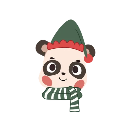 Panda de Natal em traje festivo e cachecol sorrindo alegremente  Ilustração